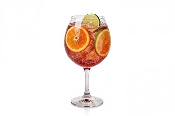 Chilled sangria served in a clear wine glass against a white background