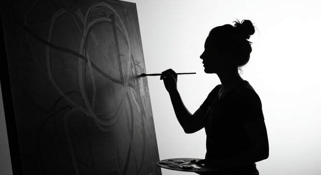 Silhouette of a focused female artist painting an abstract artwork on canvas in a studio setting, creative expression