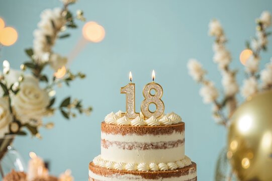 Celebration cake adorned with numeral candles on a pastel blue backdrop