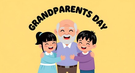 Happy grandparents day illustration featuring a smiling grandfather hugging his grandson and granddaughter, symbolizing family love and generational connection