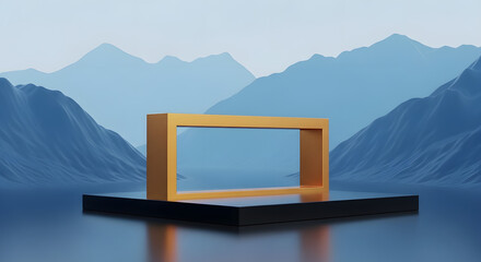 Golden geometric frame atop a black platform reflects the tranquil cerulean lake and distant mountain range creating a serene yet modern design element in a minimalist composition