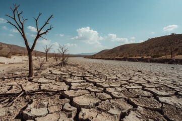 Climate change leads to parched and cracked earth, with dried-up rivers flowing beneath clear skies and rolling hills.