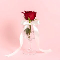 Single red rose in a wine glass with ribbon