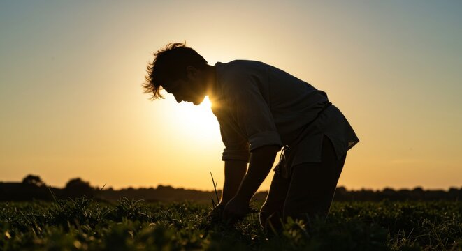 Silhouette of a young farmer working in a field at sunset, embodying hard work and dedication
