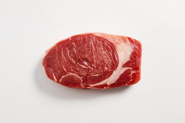 Fototapeta premium Top-down close-up of uncooked pork steak on a white surface, flat lay perspective.