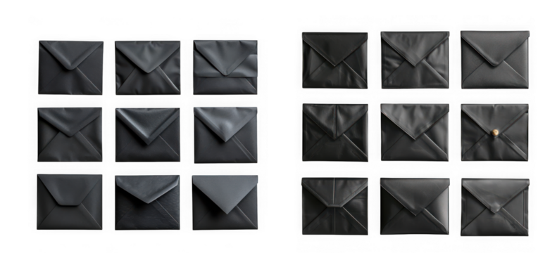 Collection of black envelopes isolated on transparent background