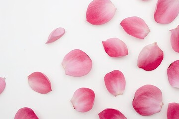 Soft pink rose petals scattered on a plain white surface