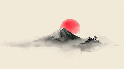 Misty mountain, red sun, ink wash