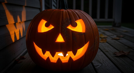 Carved Halloween Pumpkin with Glowing Face and Spooky Expression.