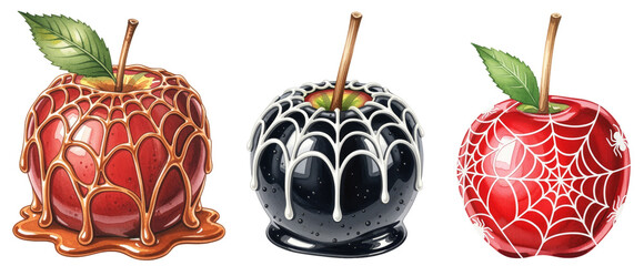 a set of three watercolor illustrations of candy apples with spider webs and caramel for a spooky halloween treat.