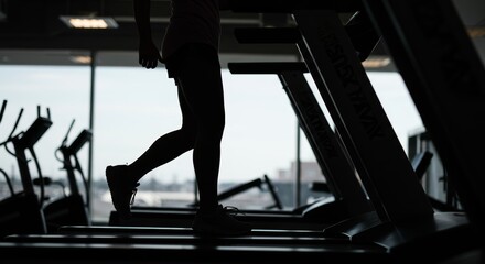 Silhouette of a Woman Exercising on Treadmill in a Gym for Fitness Concept