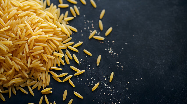 A visually tranquil arrangement of orzo pasta grains gently spread across a dark background, with each rice-shaped piece contributing to the calm aesthetic.