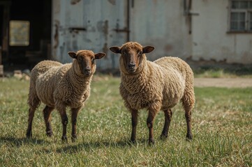 Obraz premium Two brown sheep on grassy ground near an aged, rustic structure, with the bigger one showing a calm, inquisitive look.
