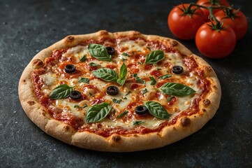 Tasty homemade pizza topped with tomatoes, basil, and black olives