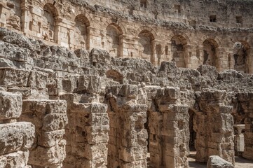 Detailed View of the Exterior Wall of a Historic Amphitheater Under Bright Sunlight
