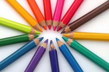 Colored markers viewed from above on a white surface