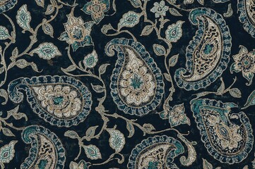 Paisley ornamental motif featuring decorative Kashmiri stitching on a dark backdrop