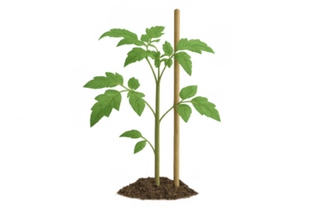 Young tomato plant growing with support stick on transparent background