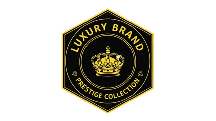 A majestic golden crown emblem set within an elegant black and gold hexagonal frame, symbolizing opulence, prestige, and exclusivity in a sophisticated graphic design