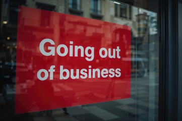 Close-up of a red sign on a shop window stating 'Going out of business'