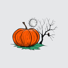Naklejka premium Halloween Pumpkin illustration: A vibrantly illustrated orange pumpkin rests upon a large green leaf, accompanied by a silhouetted tree against the backdrop of a full moon and an owl.