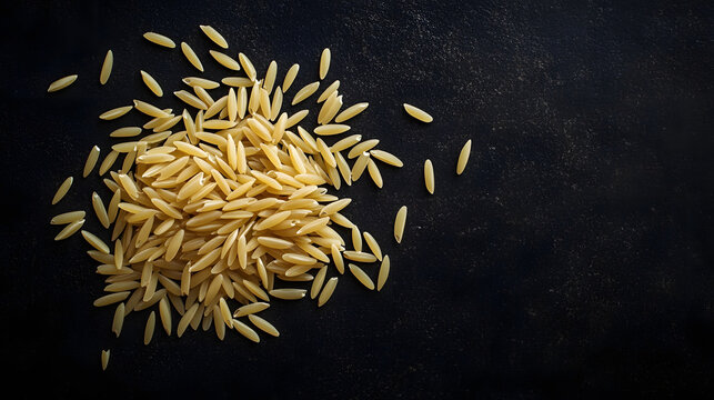 A visually tranquil arrangement of orzo pasta grains gently spread across a dark background, with each rice-shaped piece contributing to the calm aesthetic.