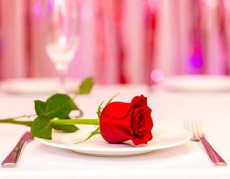 Single red rose on a white plate