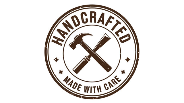 Circular vintage logo illustration with crossed hammer and chisel, emphasizing handcrafted quality and made-with-care ethics, suitable for artisanal product branding - Powered by Adobe