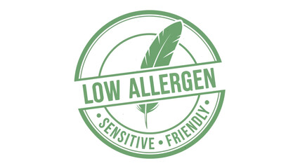 Green circular badge with feather icon, symbolizing low allergen and sensitive friendly product attributes, promoting comfort, gentleness, and hypoallergenic safety for users