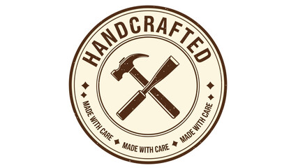 Vintage handcrafted emblem featuring crossed hammer and chisel, symbolizing artisanal quality and meticulous care in creation. Ideal for businesses emphasizing bespoke craftsmanship