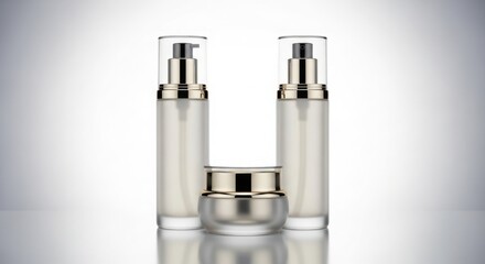 Elegant skincare bottles and jar with pump dispensers, isolated on white background