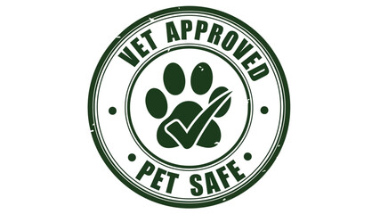 Green circular stamp illustration 'Vet Approved, Pet Safe' with paw print and checkmark, perfect for animal product branding and health certification © Adam
