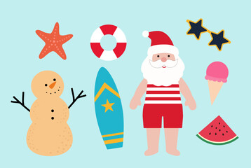 Summer Christmas beach set.
Collection of Santa Claus, sand snowman, starfish, surfboard, swimming ring, ice cream, sunglasses, and watermelon.
Design for greeting card, poster, invitation.