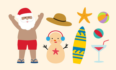 Summer Christmas beach set.
Collection of Cute dark-skinned Santa Claus, sand snowman, starfish, surfboard, beach ball, cocktail, straw hat.
Design for greeting card, poster, invitation.