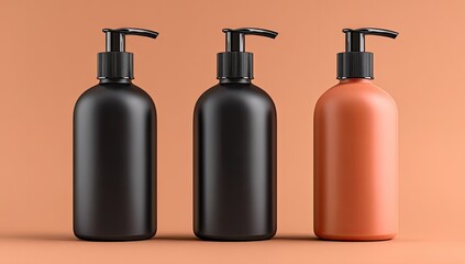 Three cosmetic bottles on a muted background