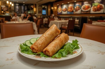 Crunchy Asian spring rolls accompanied by fresh cucumber and lettuce