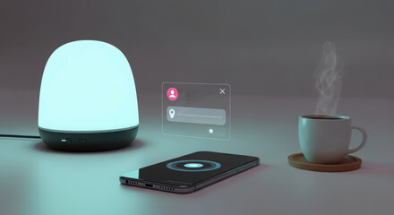 Modern smart home setup featuring a glowing lamp, smartphone with interactive display, and steaming coffee cup on a wooden coaster, illustrating cozy technology integration