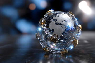 Cyber Security Concept With a Globe Secured by Chains and Locks, Emphasizing Global Protection and Safety Against Cyber Threats
