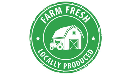 Green circular vector badge design with a barn and tractor, highlighting the benefits of farm fresh and locally produced agricultural goods and healthy food