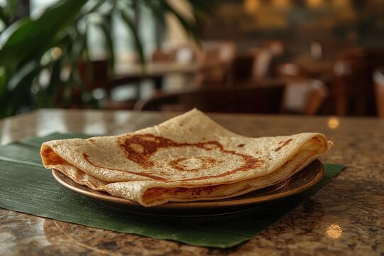 Crispy pancake served on a dish with leaf decor, breakfast food with coconut, healthy meal in a dining setting