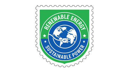 Modern vector emblem in postage stamp style, symbolizing global renewable energy and sustainable power. Design features a stylized earth with an electrical plug, representing an eco-friendly future