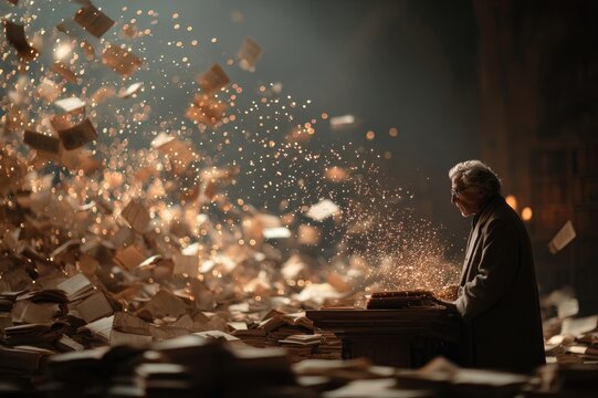 An elegant teacher standing at a podium surrounded by floating books, magical sparkles of knowledge emanating from open pages, ethereal library setting, soft lighting