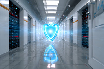 Cyber Security Concept With Shield Symbol, Modern Data Center Protection, Digital Security Technology, Safeguarding Information Integrity