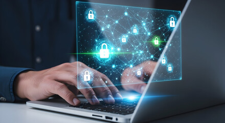 Digital Cybersecurity Network Displayed over Person Typing on Laptop