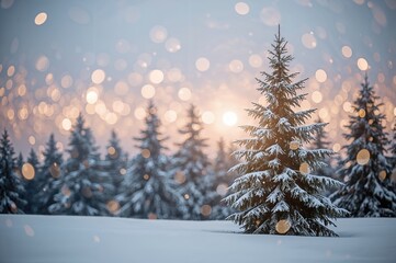 Naklejka premium Vibrant glittering bokeh backdrop with winter forest and snow-covered trees