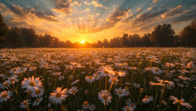  Sunset over a field of daisies., Vibrant sunset over a daisy field, 