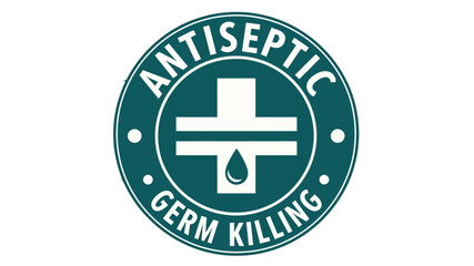 Clean and modern vector logo depicting an antiseptic germ-killing cross symbol with a liquid drop, ideal for hygiene and health product branding