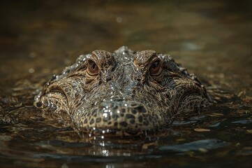 Obraz premium Close-up of a reptile partially submerged with eyes and head visible above the water surface