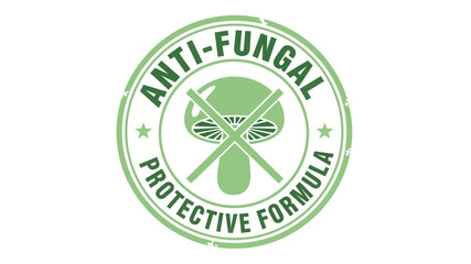 Anti-fungal protective formula stamp graphic with crossed-out mushroom. Emblem for fungal prevention, health, and hygiene products
