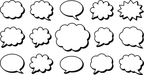 Fototapeta premium Collection of diverse cartoon speech bubbles; various shapes, bold outlines, white fill, drop shadow effect, communication graphic design elements, speech bubble, comic book, dialogue